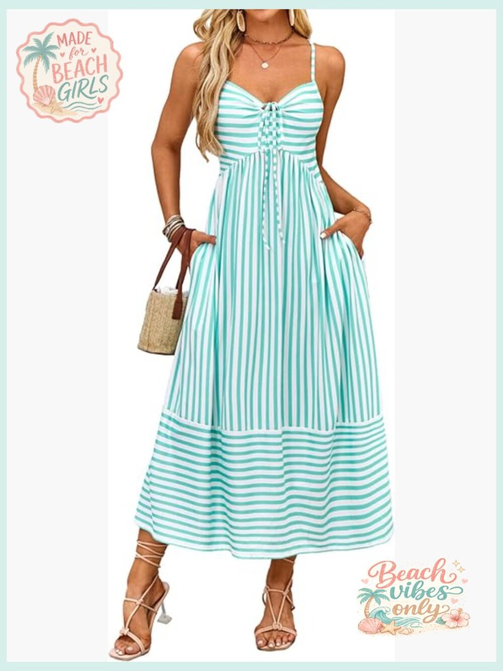 Women's Maxi Dress Casual Summer Beach Spaghetti Strap Smocked Tie Front Back